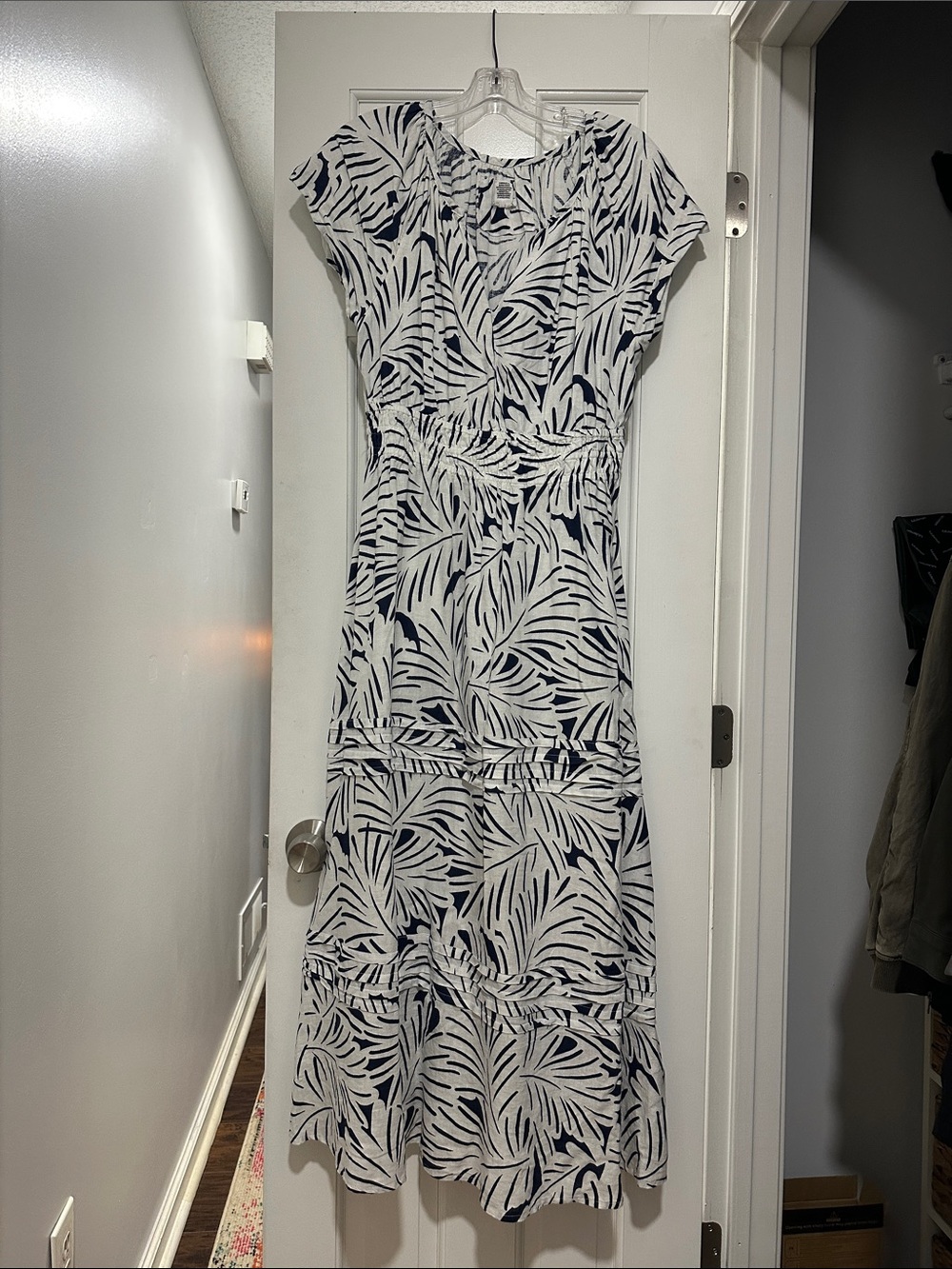 Nicole Miller Navy and White Leaf-Print Maxi Dress